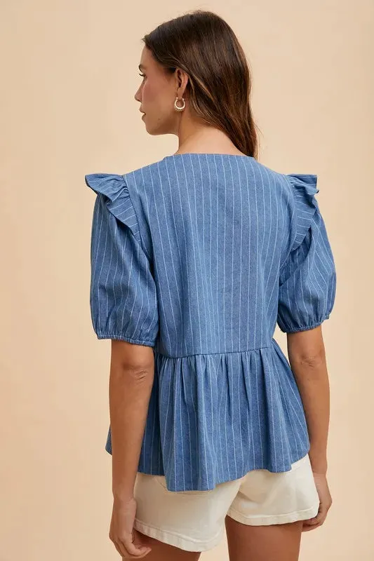 Annie Wear Stripe Front Bow Denim Peplum Blouse