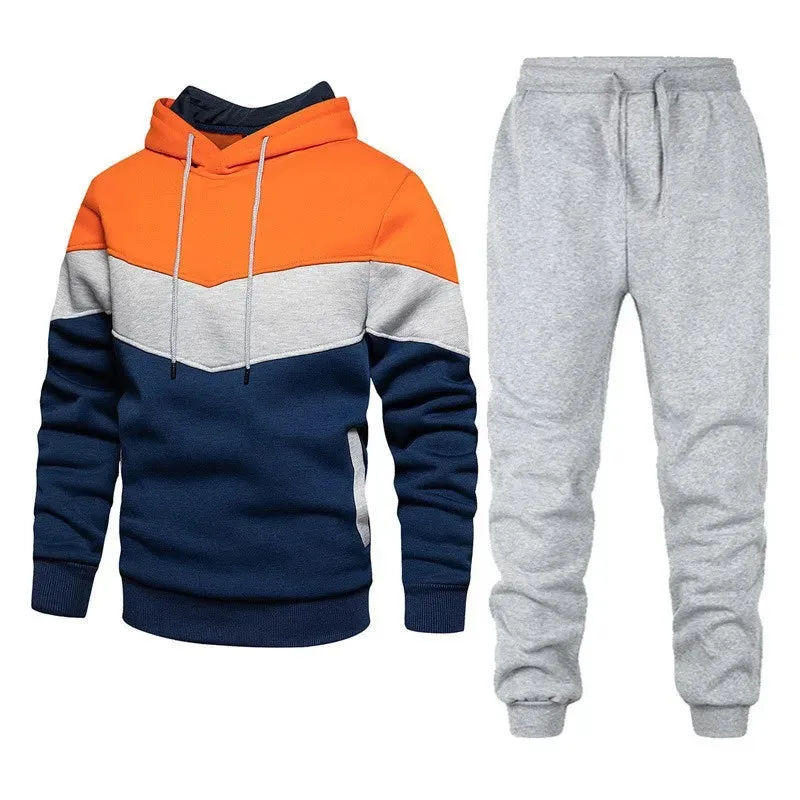 Autumn/Winter Men's Sports Hoodie Set - 3-Color Block Hoodie & Pants