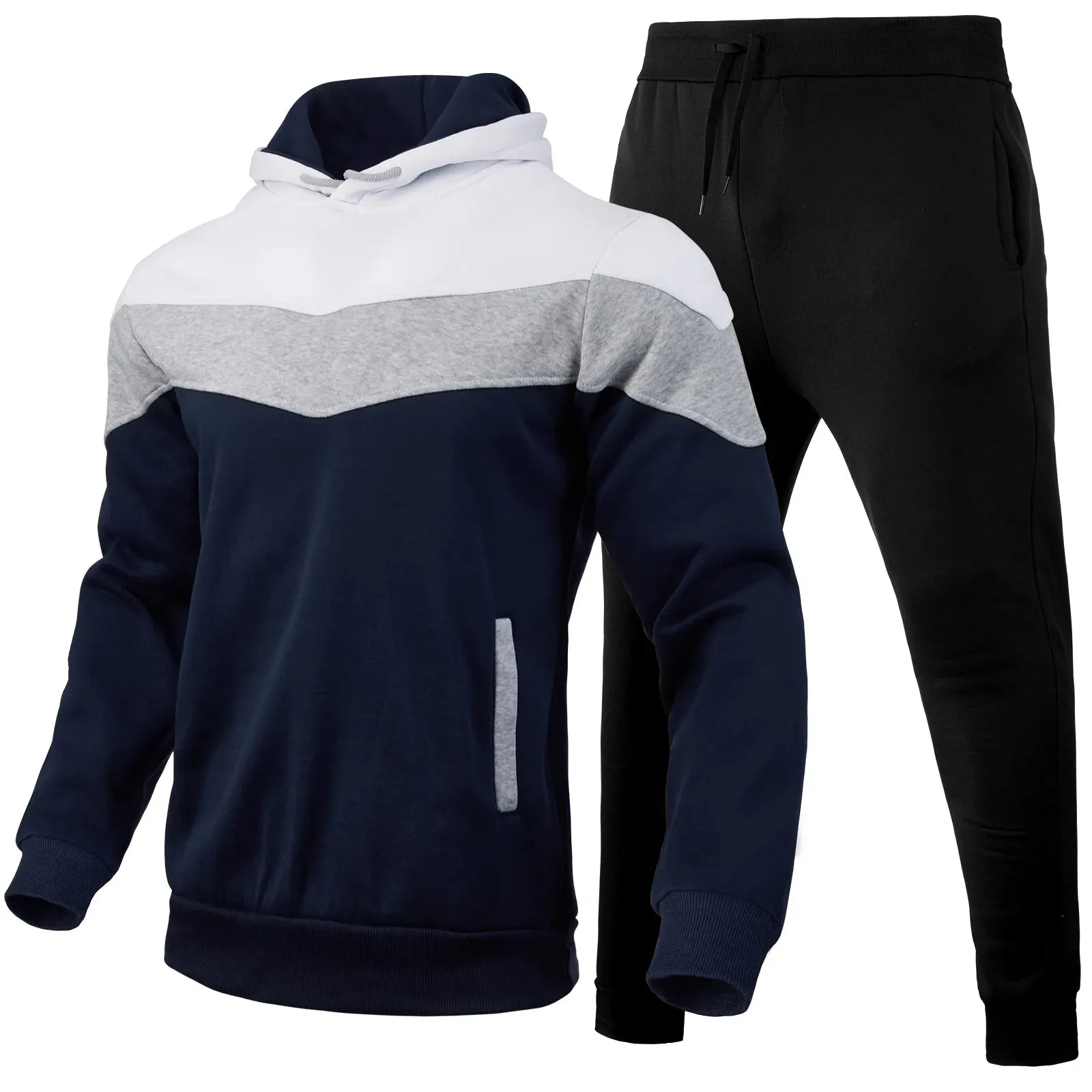 Autumn/Winter Men's Sports Hoodie Set - 3-Color Block Hoodie & Pants