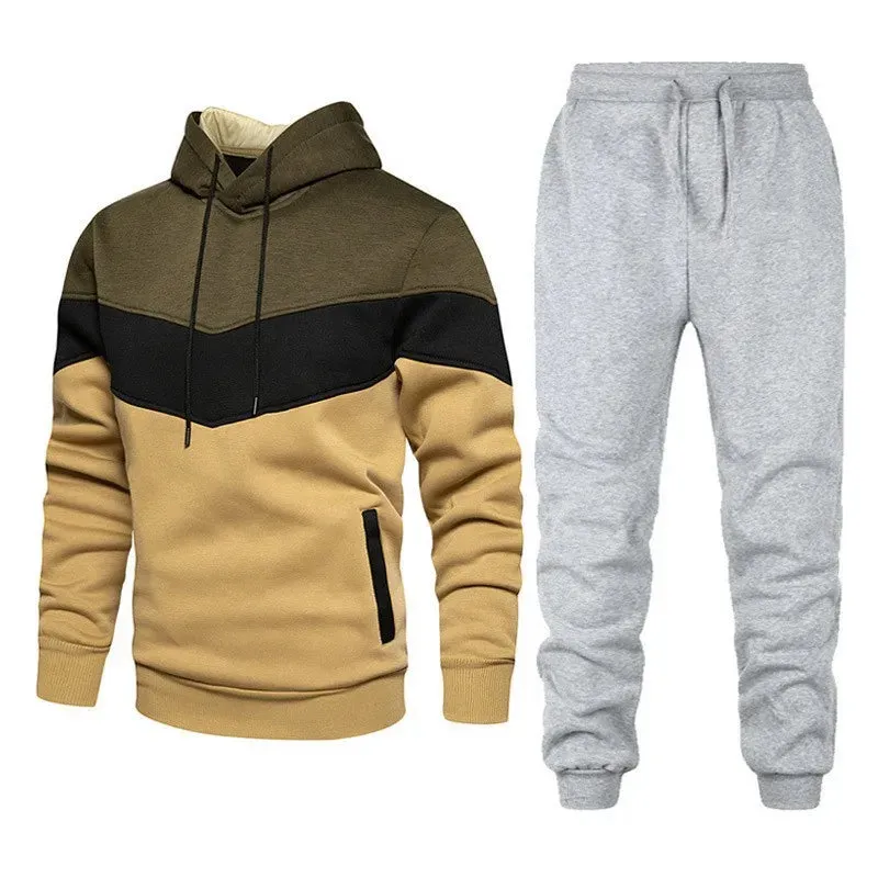 Autumn/Winter Men's Sports Hoodie Set - 3-Color Block Hoodie & Pants