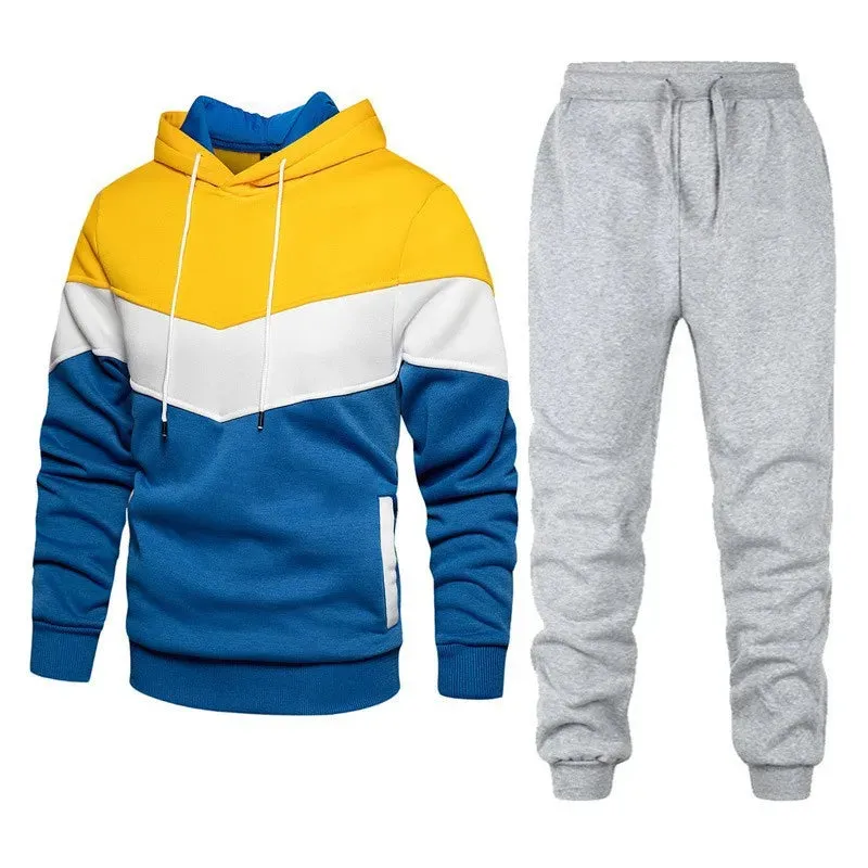 Autumn/Winter Men's Sports Hoodie Set - 3-Color Block Hoodie & Pants