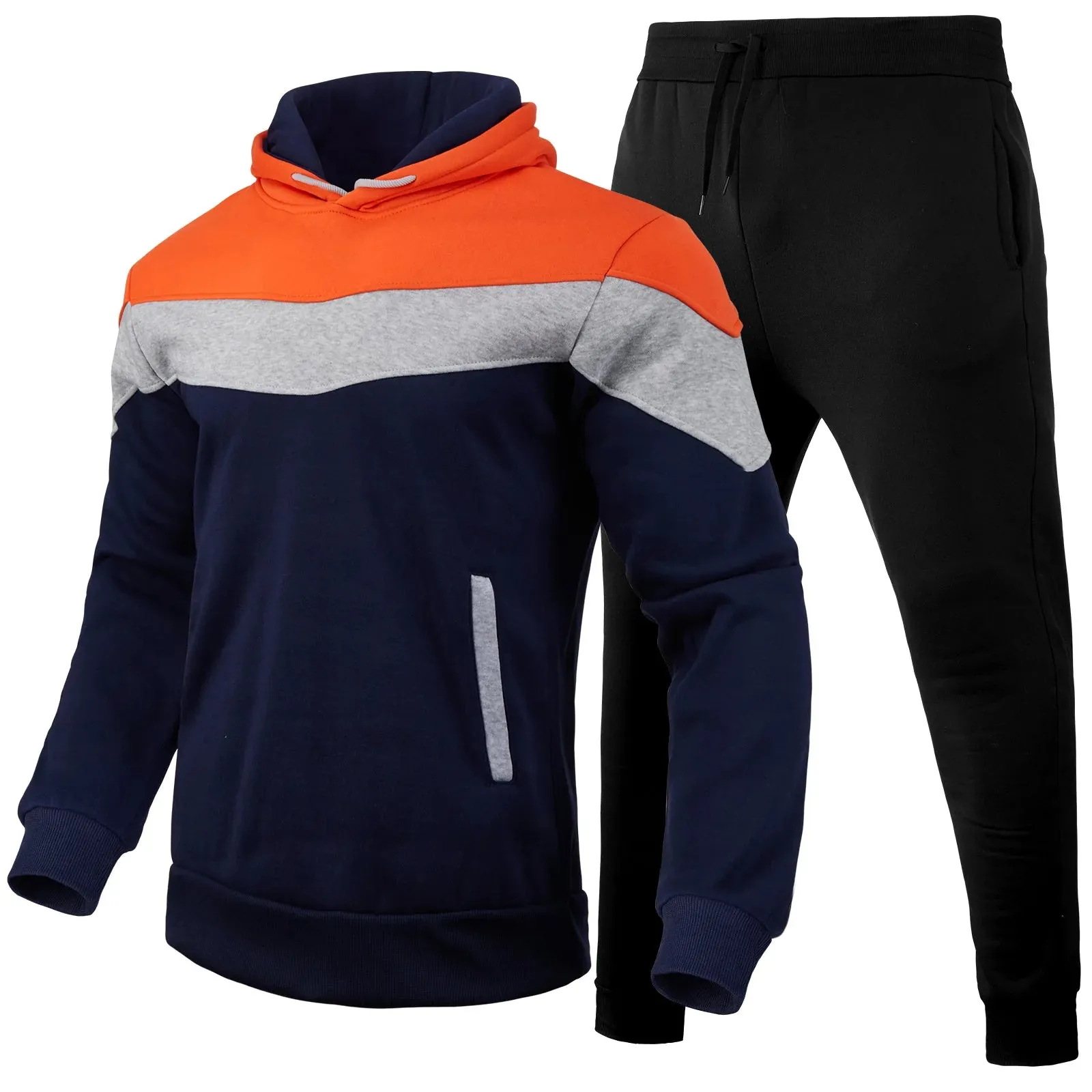 Autumn/Winter Men's Sports Hoodie Set - 3-Color Block Hoodie & Pants