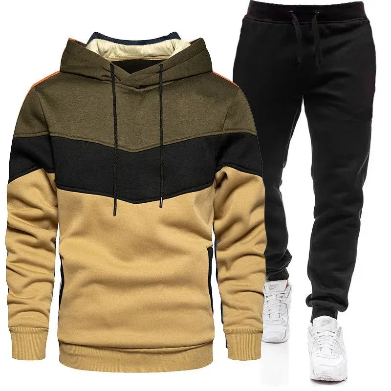 Autumn/Winter Men's Sports Hoodie Set - 3-Color Block Hoodie & Pants