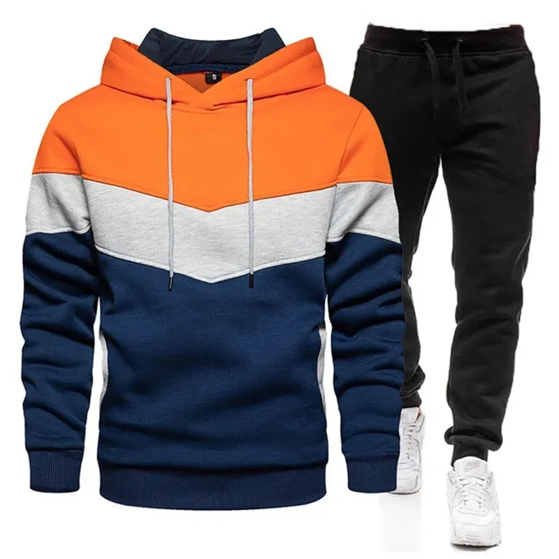 Autumn/Winter Men's Sports Hoodie Set - 3-Color Block Hoodie & Pants
