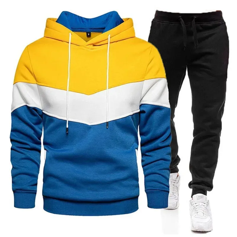 Autumn/Winter Men's Sports Hoodie Set - 3-Color Block Hoodie & Pants