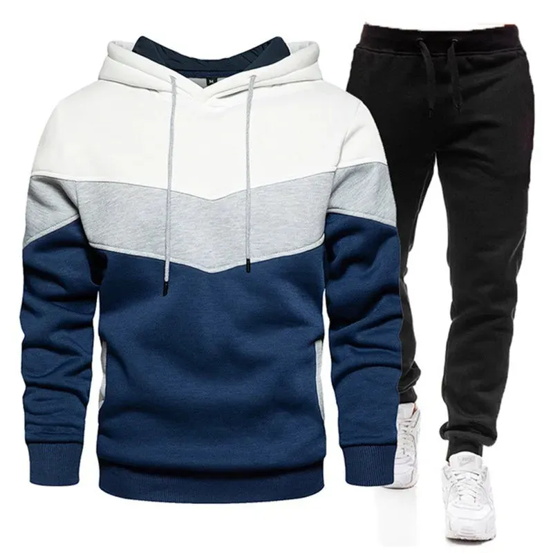 Autumn/Winter Men's Sports Hoodie Set - 3-Color Block Hoodie & Pants