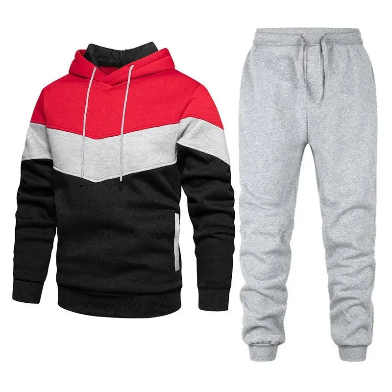 Autumn/Winter Men's Sports Hoodie Set - 3-Color Block Hoodie & Pants