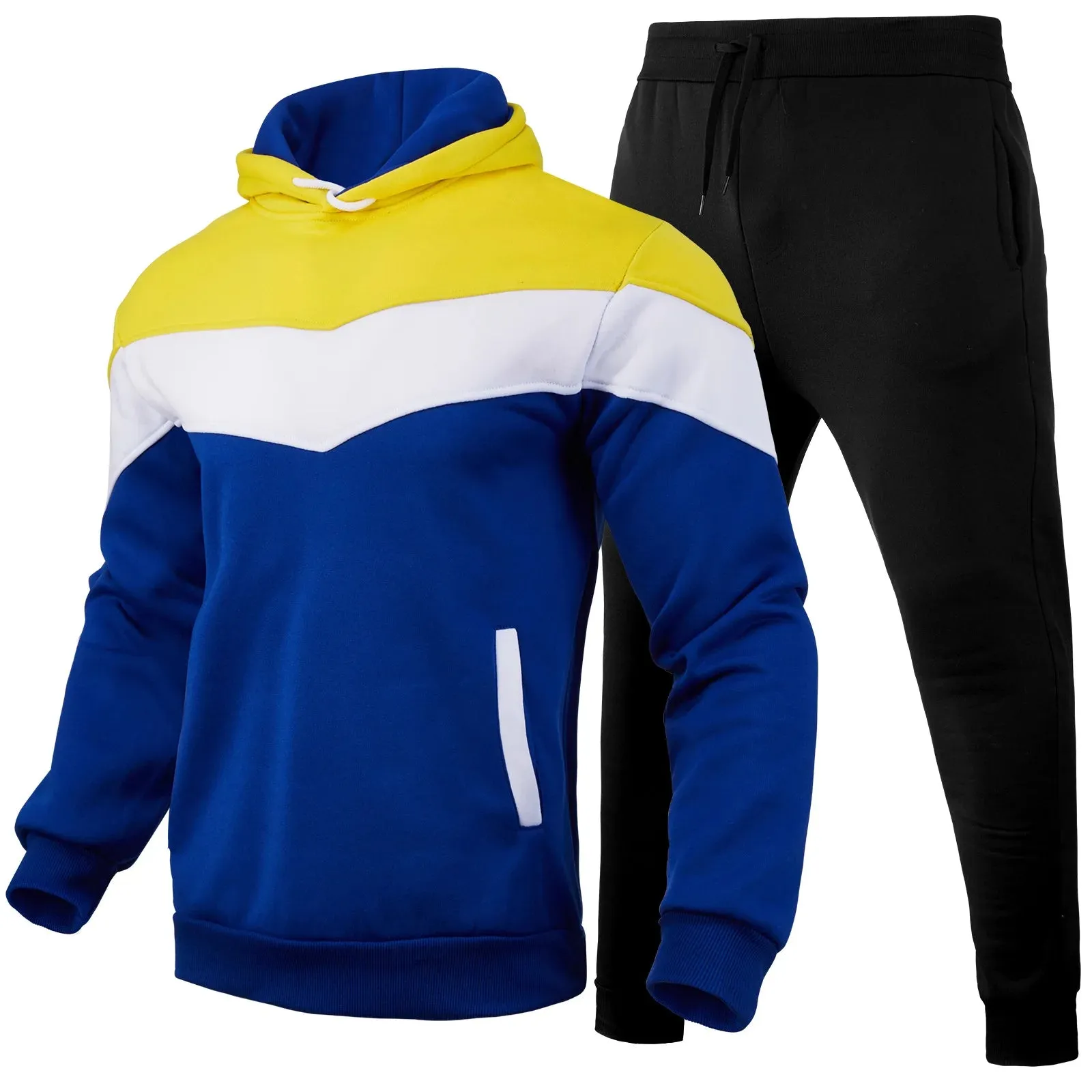 Autumn/Winter Men's Sports Hoodie Set - 3-Color Block Hoodie & Pants