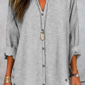 Bella Grey Button Stripe Long Sleeve Casual Shirt