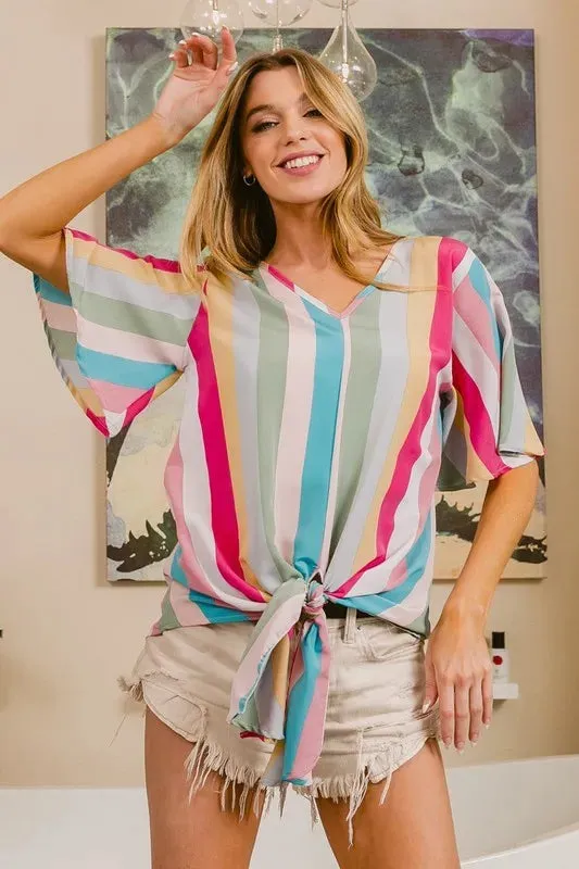 BiBi Multi Stripe Woven V Neck Top with Long Front Tie