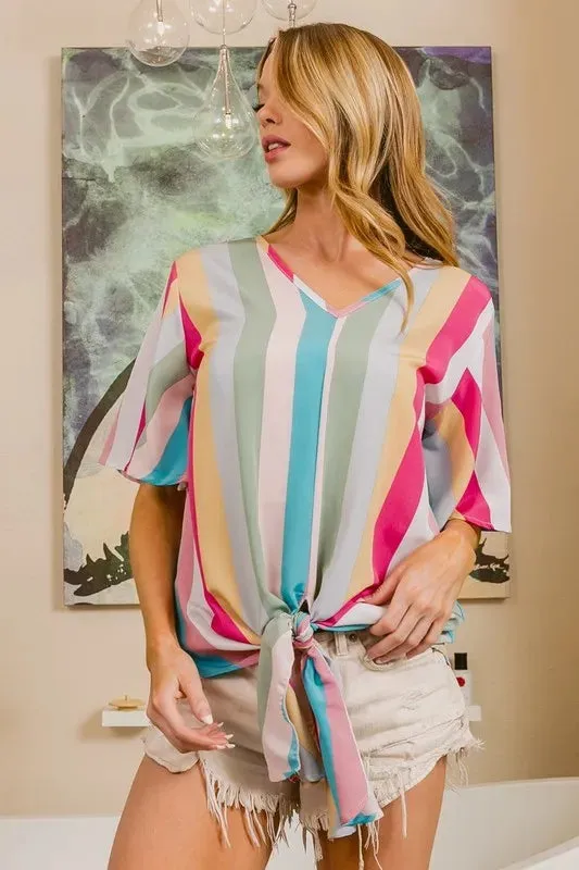BiBi Multi Stripe Woven V Neck Top with Long Front Tie