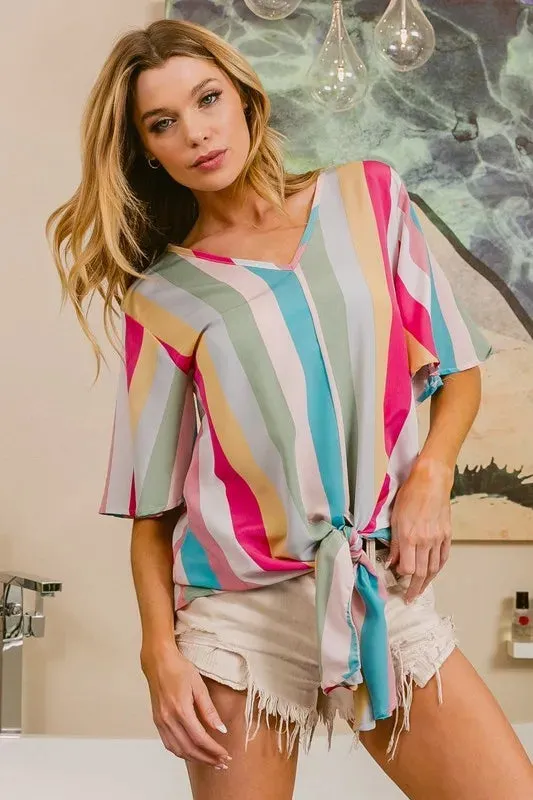 BiBi Multi Stripe Woven V Neck Top with Long Front Tie