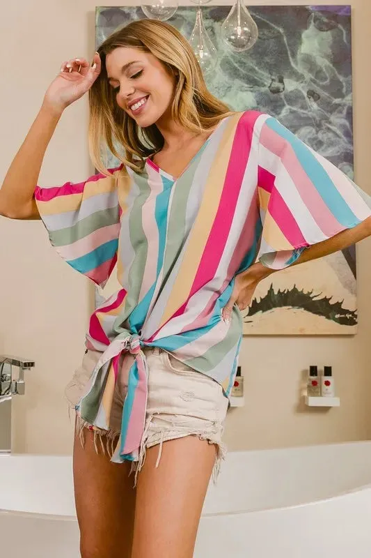 BiBi Multi Stripe Woven V Neck Top with Long Front Tie