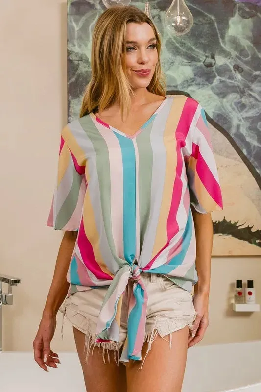 BiBi Multi Stripe Woven V Neck Top with Long Front Tie