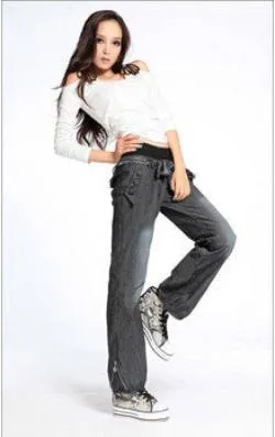 Bloomers Wide Leg Pants Elastic Waist Bow Trousers for Women Loose Denim Pants Jeans with Belt