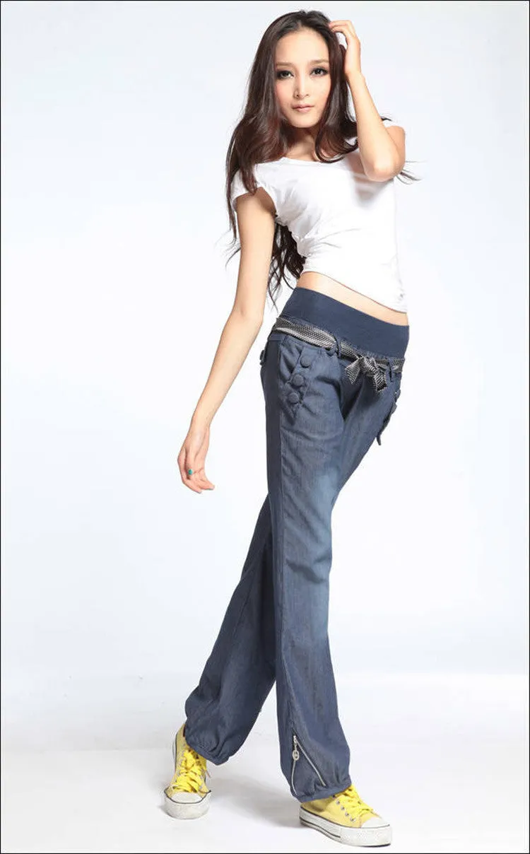 Bloomers Wide Leg Pants Elastic Waist Bow Trousers for Women Loose Denim Pants Jeans with Belt