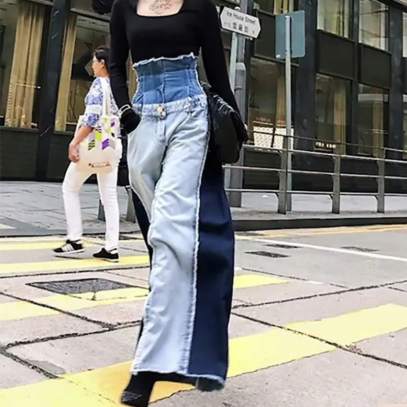 Casual Denim Patchwork  Trousers High Waist Hit Color