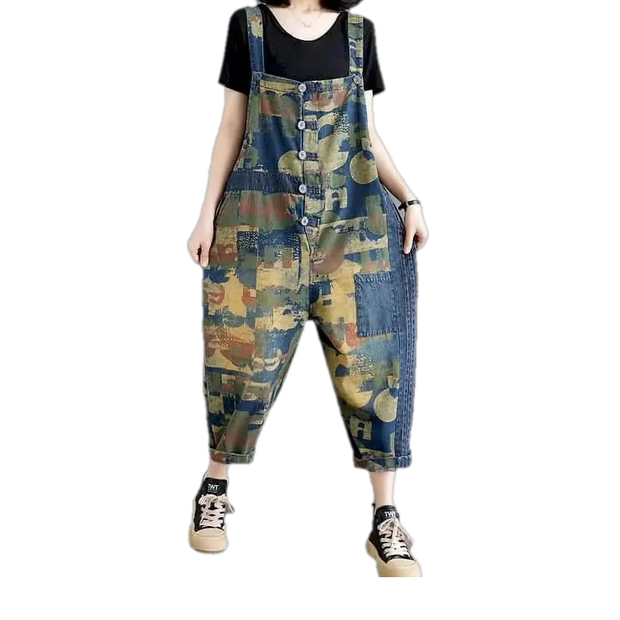 Colorful baggy-fit patchwork women's denim bib