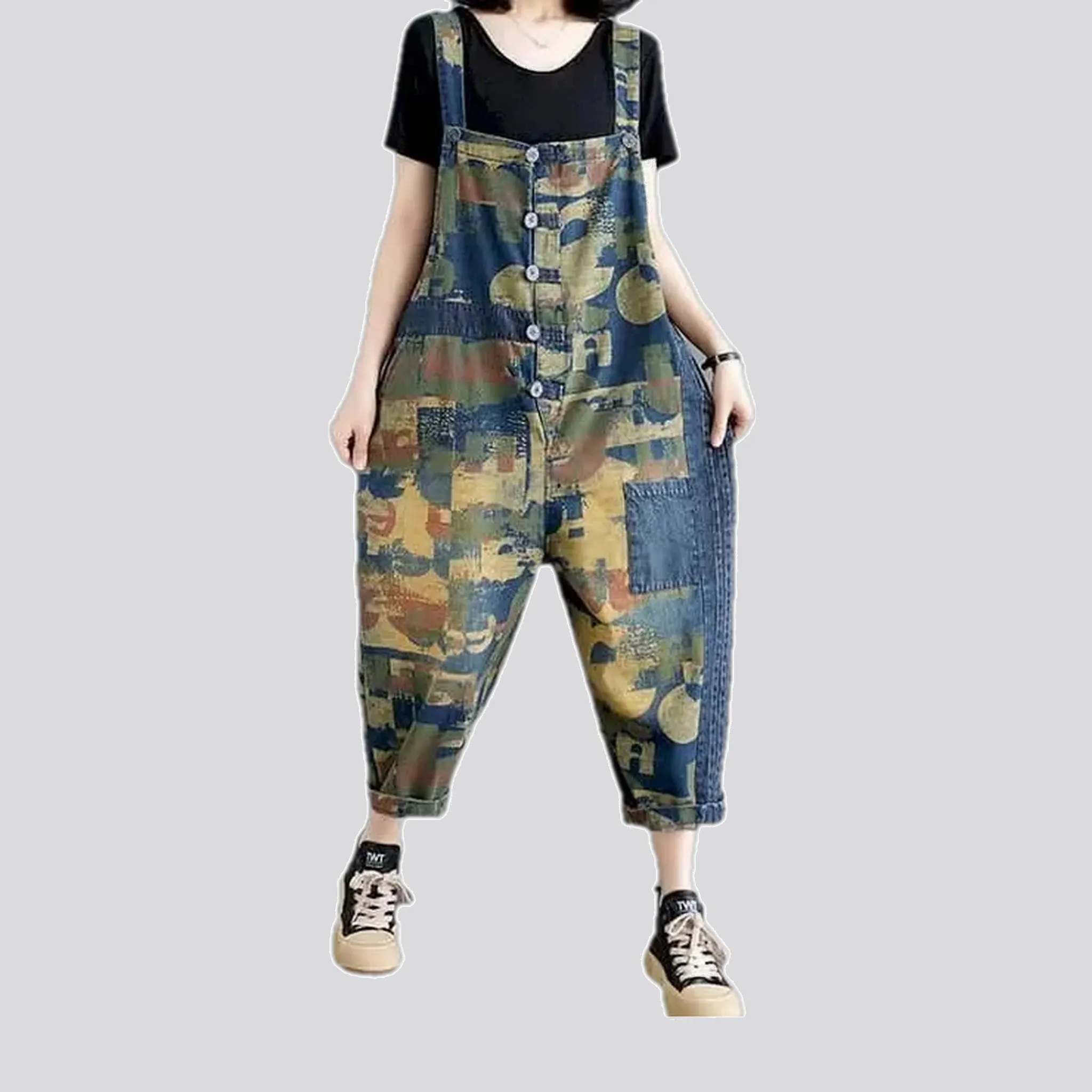 Colorful baggy-fit patchwork women's denim bib