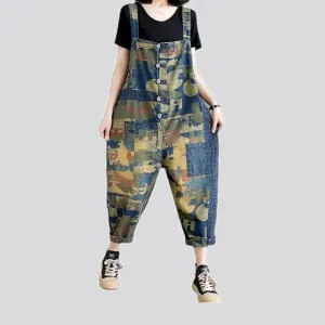 Colorful baggy-fit patchwork women's denim bib