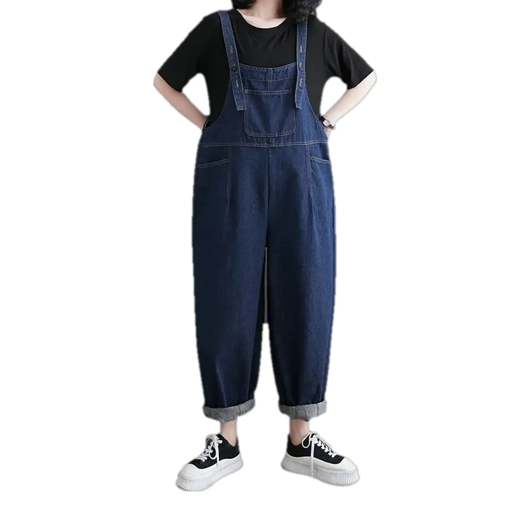 Dark pattern baggy fit 90s denim bib for women
