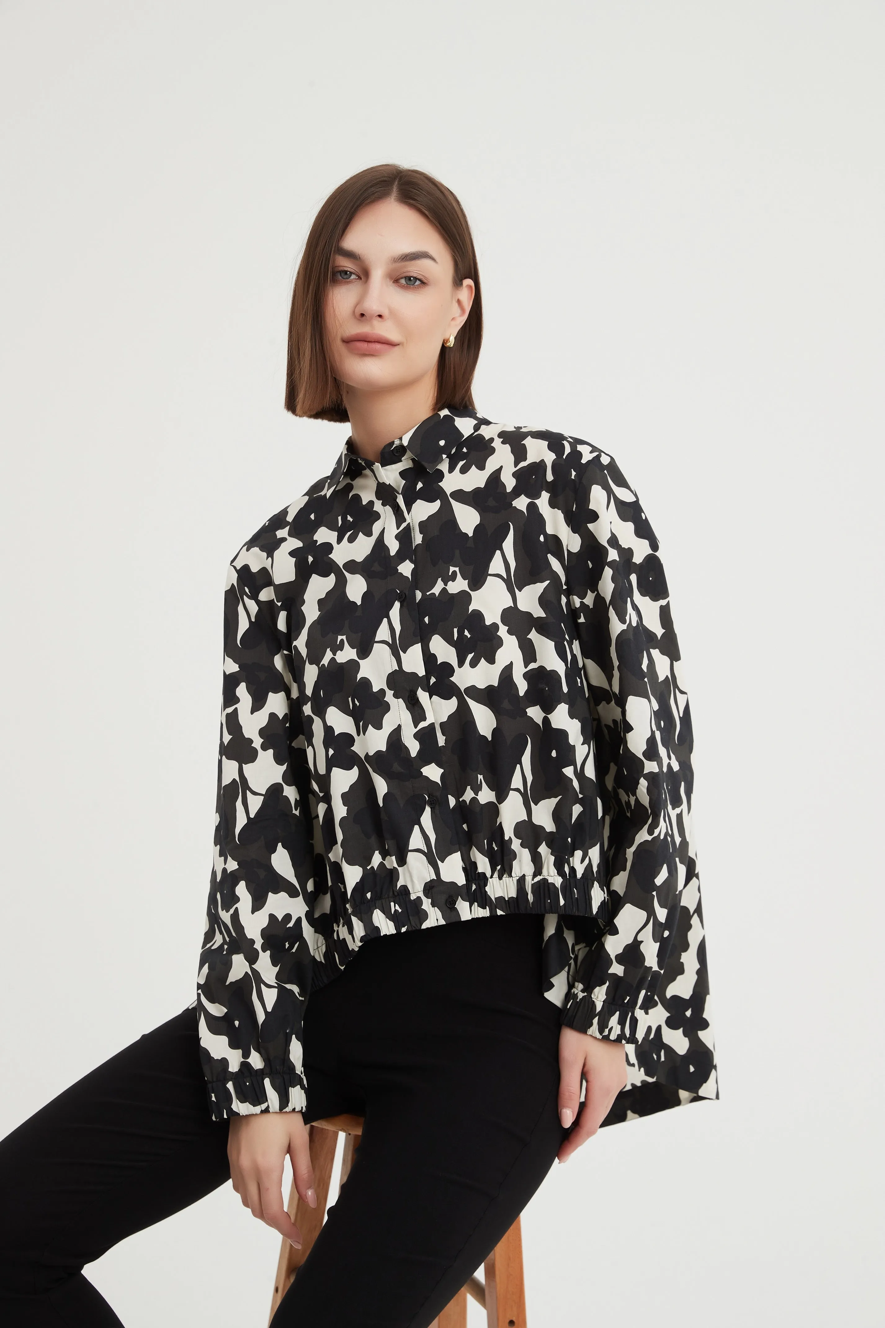 Elastic Front Hem Shirt Floral
