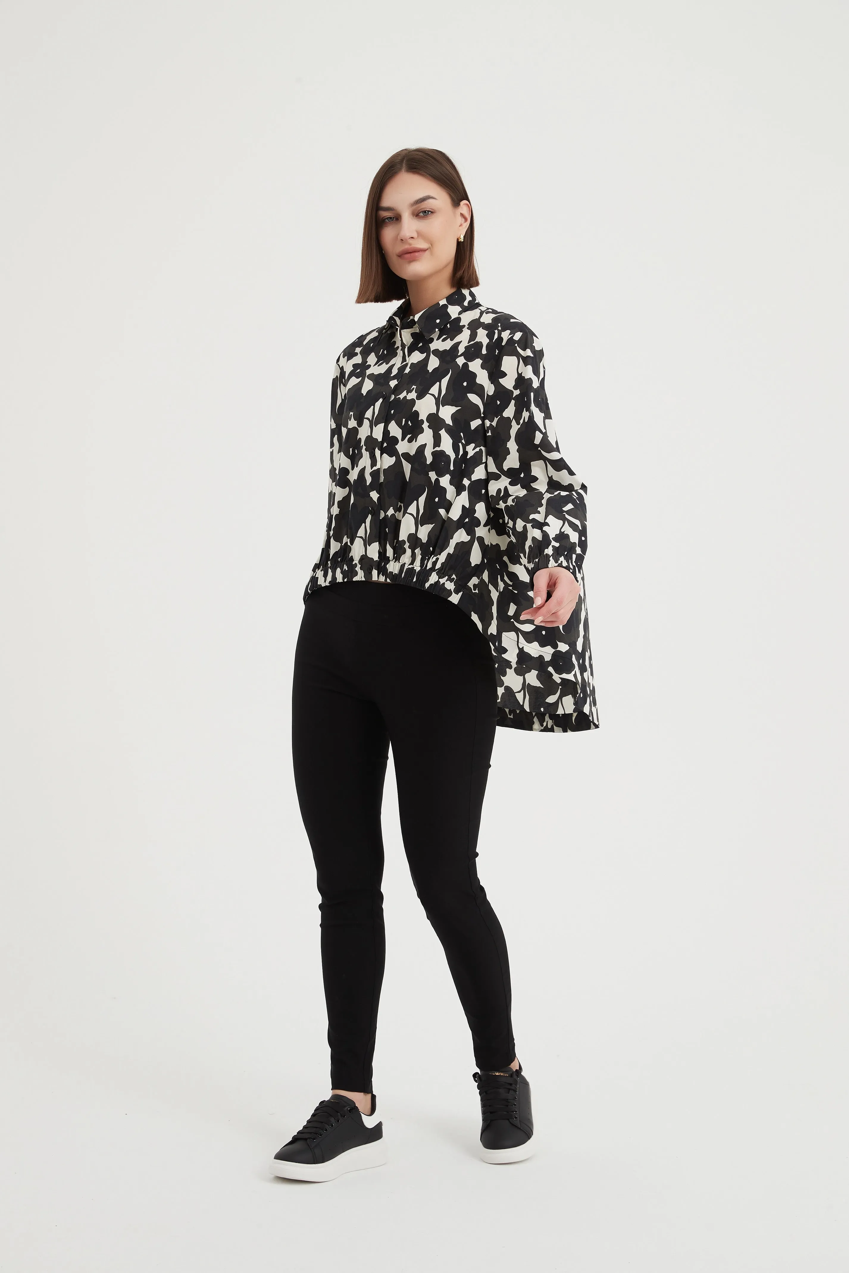 Elastic Front Hem Shirt Floral