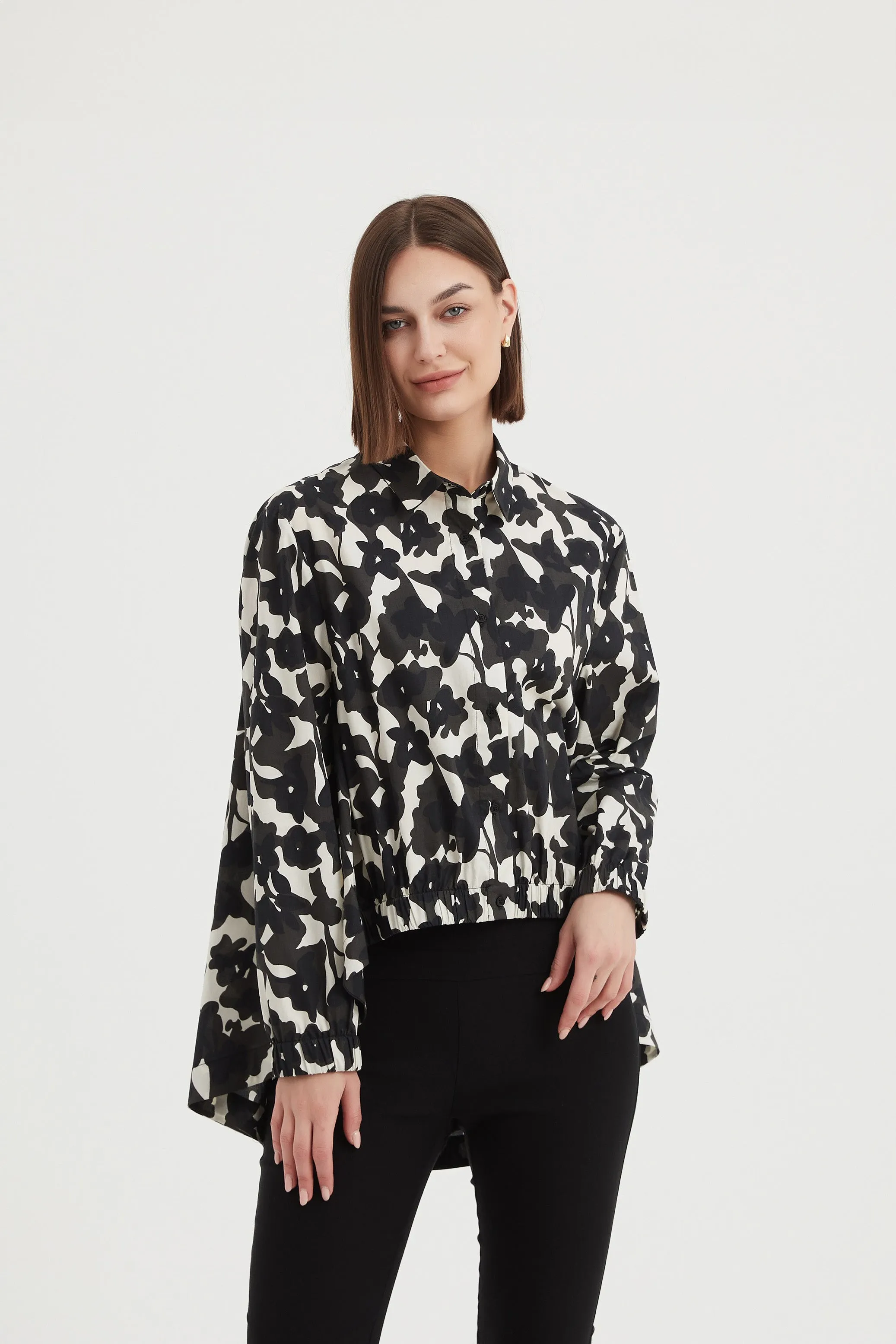 Elastic Front Hem Shirt Floral