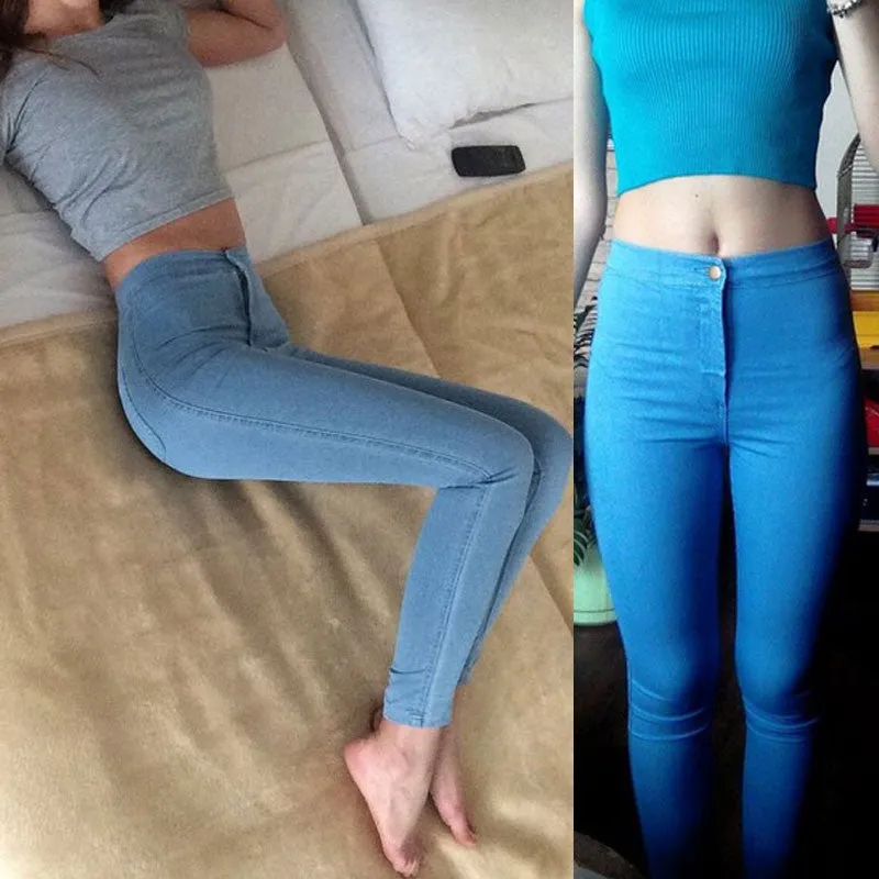 Fashion high waist Women jeans Stretch Skinny jeans Female high slim Pencil pants black Denim Ladies pants C0455