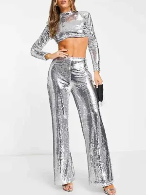 Fashionable Crop Top   Silver Sequin Trousers Suit