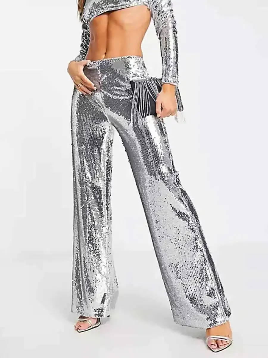 Fashionable Crop Top   Silver Sequin Trousers Suit