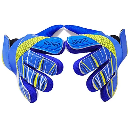Goalkeeper Goalie Soccer Gloves - Kids & Youth Football Goal Keeper Gloves with Embossed Anti-Slip Latex Palm and Soft PU Hand Back (Blue, 5)