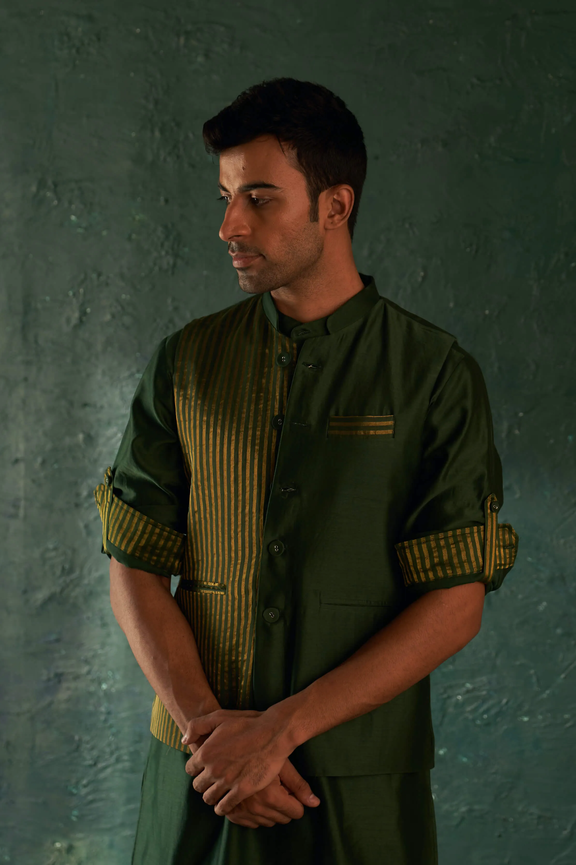 Green kurta and nehru jacket set