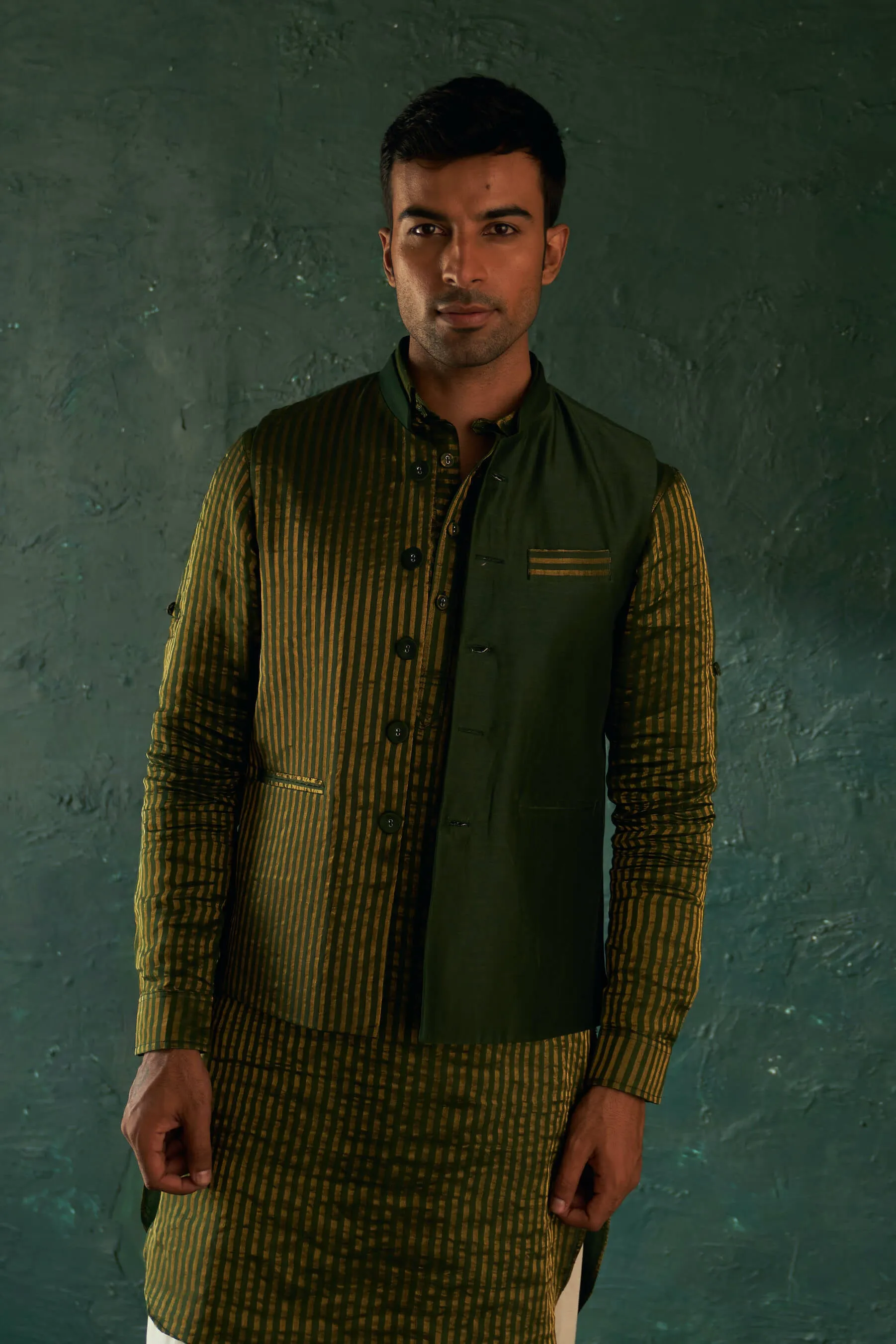 Green kurta and nehru jacket set