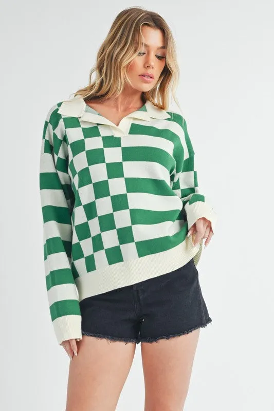 Hazel Blues® |  Aemi   Co Striped & Checkered Drop Shoulder Sweater