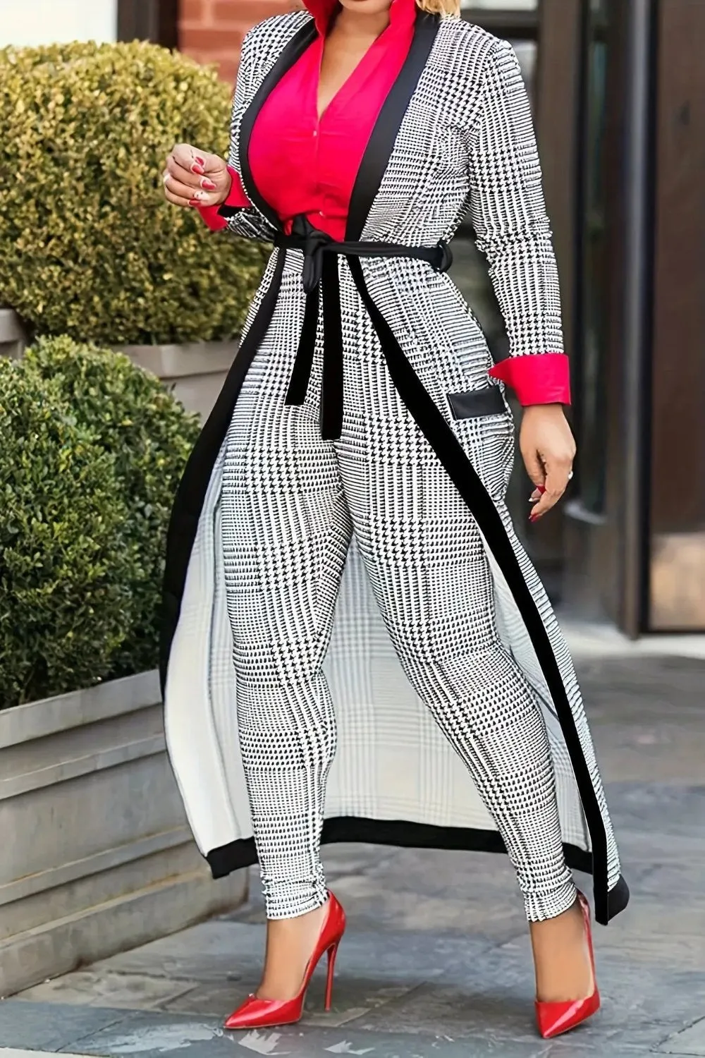 Houndstooth Belted Long Cardigan with Slim Fitting Pants Set