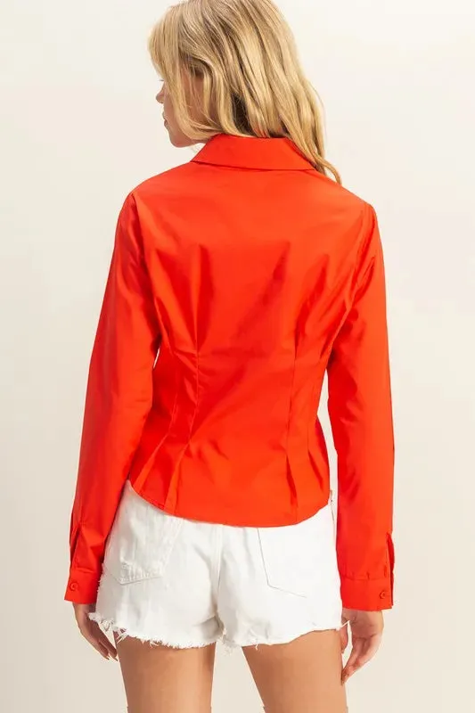 HYFVE Long Sleeve Pleated Waist Poplin Shirt