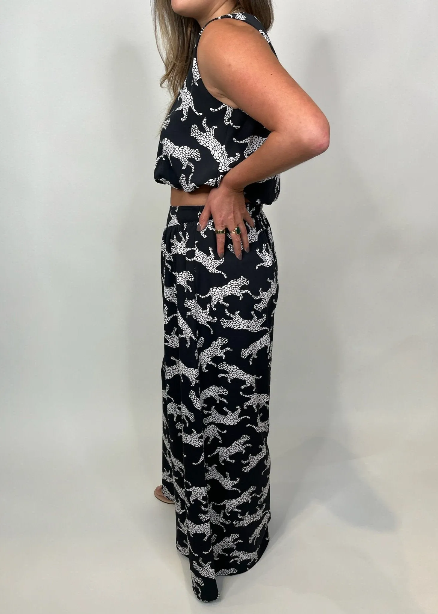 KLD Printed Wide Leg Animal Pant Black
