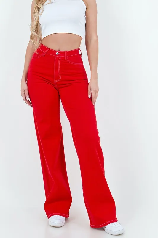 Ladies High Rise Wide Leg Jean Pants in Red