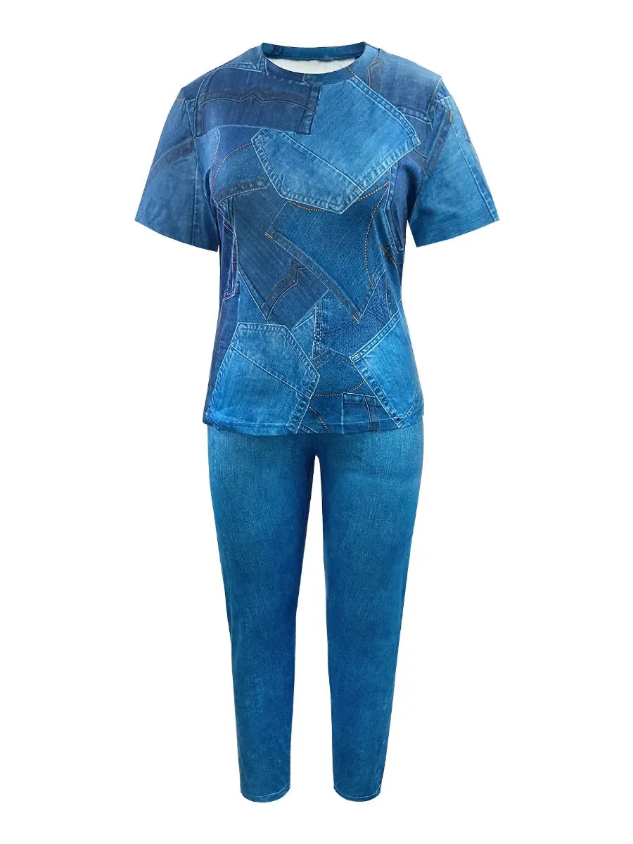 LW Plus Size 2pcs suit Autumn NEW Print Two-piece Pants Set Fashion causal short sleeve top  Matching Set Trousers Two Piece Set