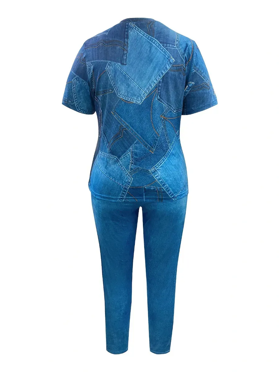LW Plus Size 2pcs suit Autumn NEW Print Two-piece Pants Set Fashion causal short sleeve top  Matching Set Trousers Two Piece Set