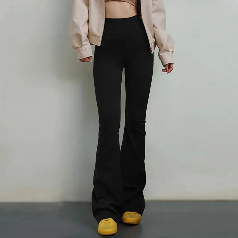 Maden Women Slim Yoga Pants Fitness Sports Black Trousers Slight Stretch High-waisted Flare Pants Female Solid Color Sweatpants
