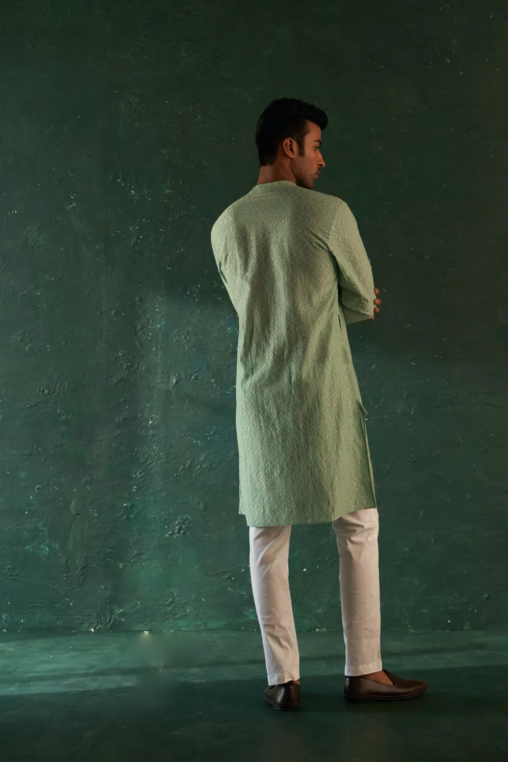 Midas Aqua Green Chevron Embroidered Kurta With Pant- Set Of 2