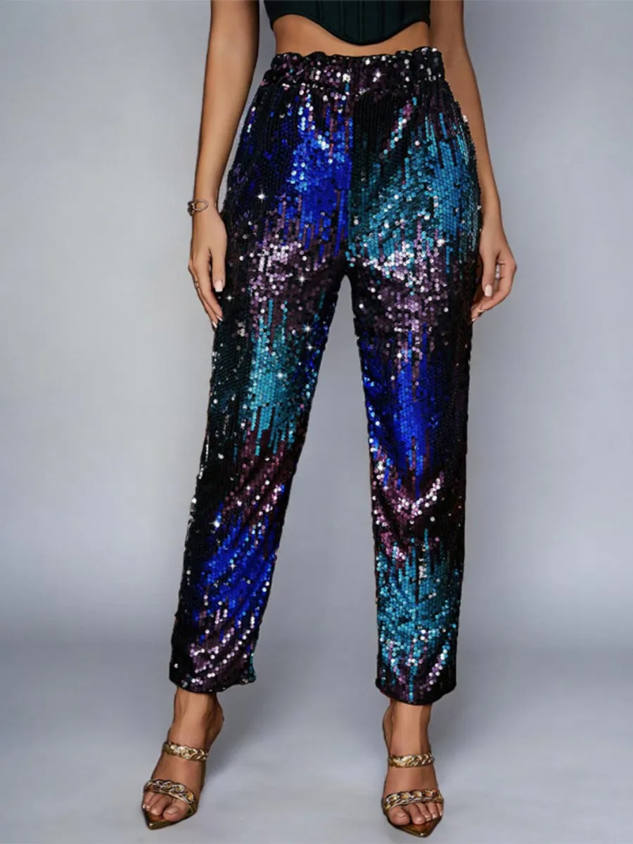 Multicolor Sequin High-Waisted Straight-Leg Pants