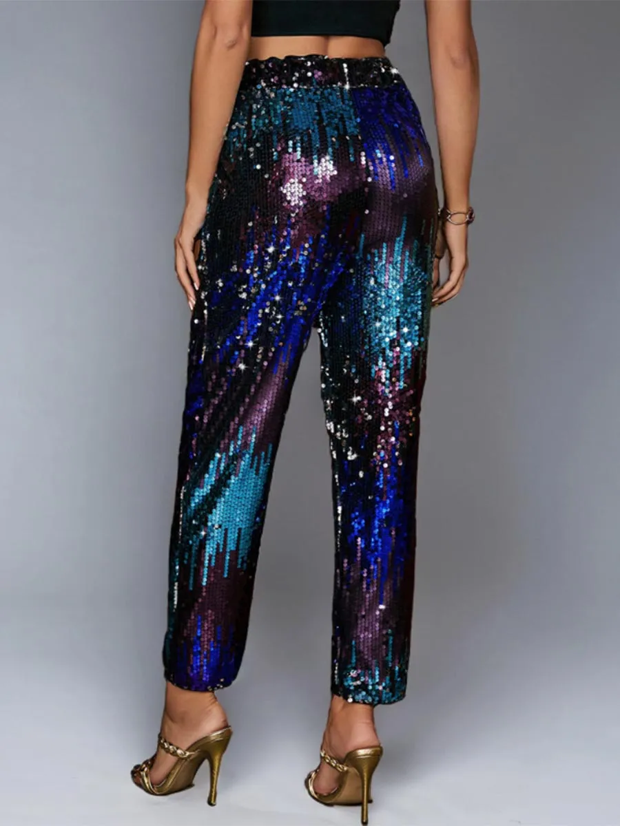 Multicolor Sequin High-Waisted Straight-Leg Pants