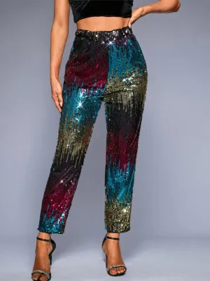 Multicolor Sequin High-Waisted Straight-Leg Pants
