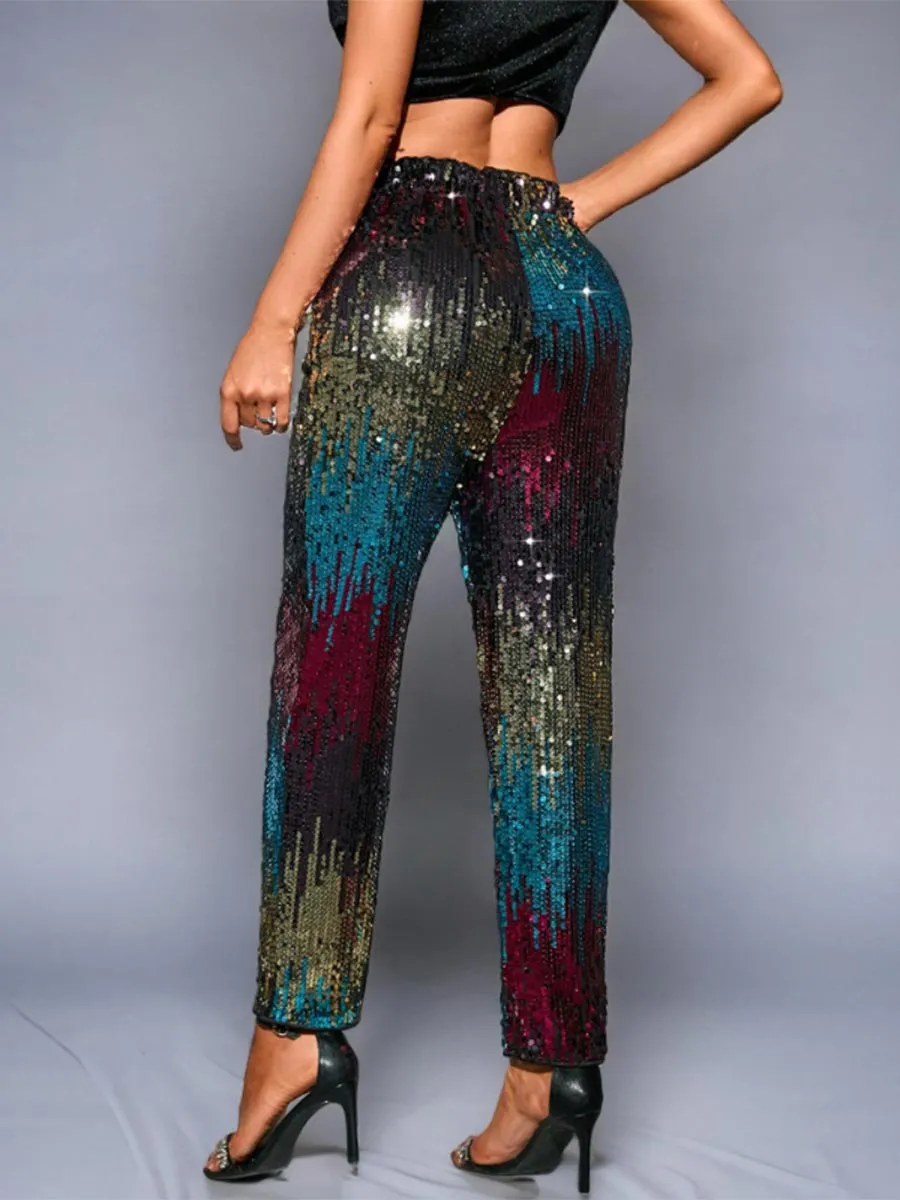 Multicolor Sequin High-Waisted Straight-Leg Pants