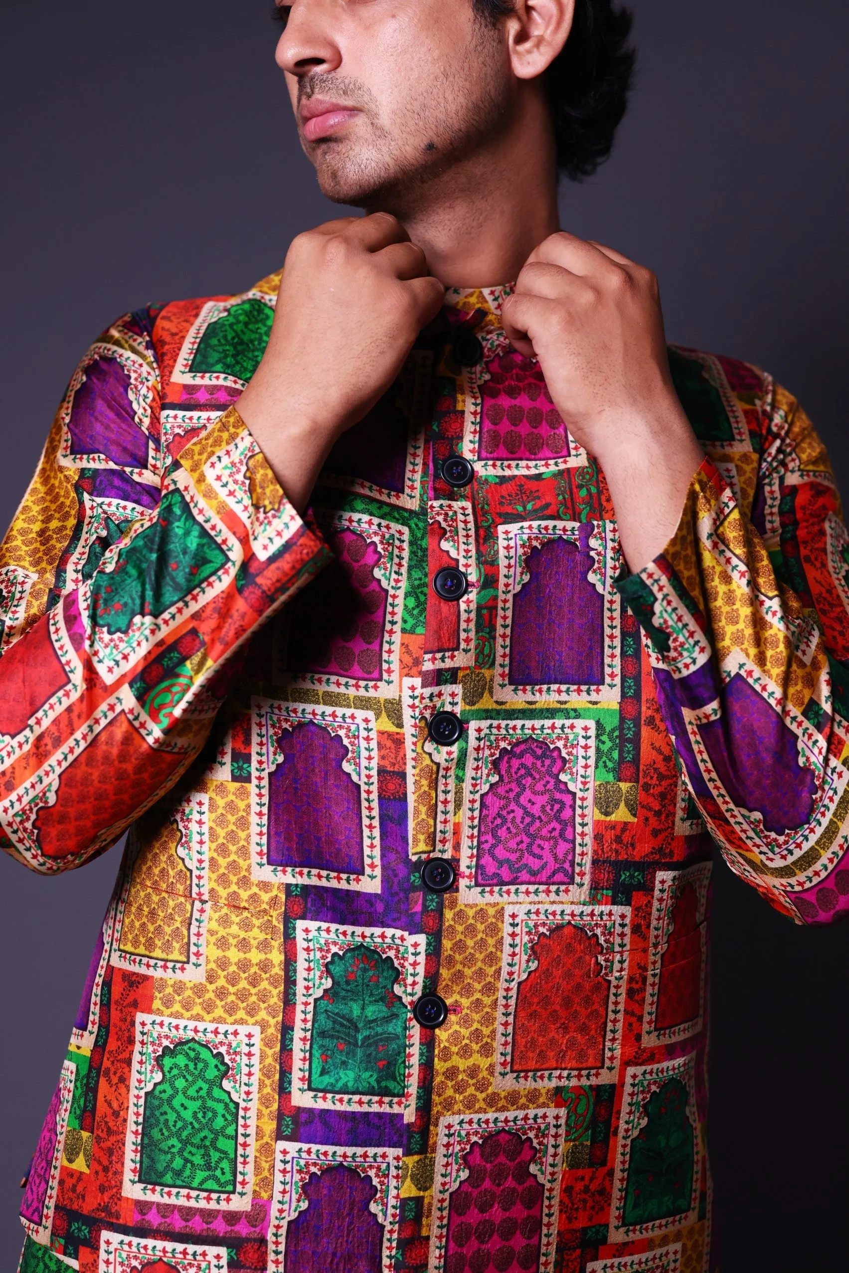 Nehru Jacket with asymmetrical
 kurta and pant