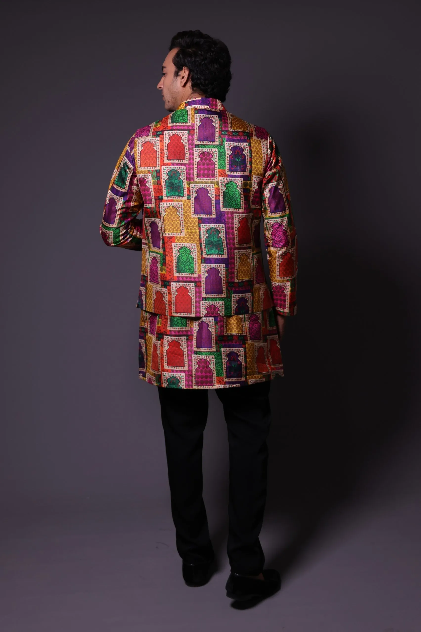 Nehru Jacket with asymmetrical
 kurta and pant