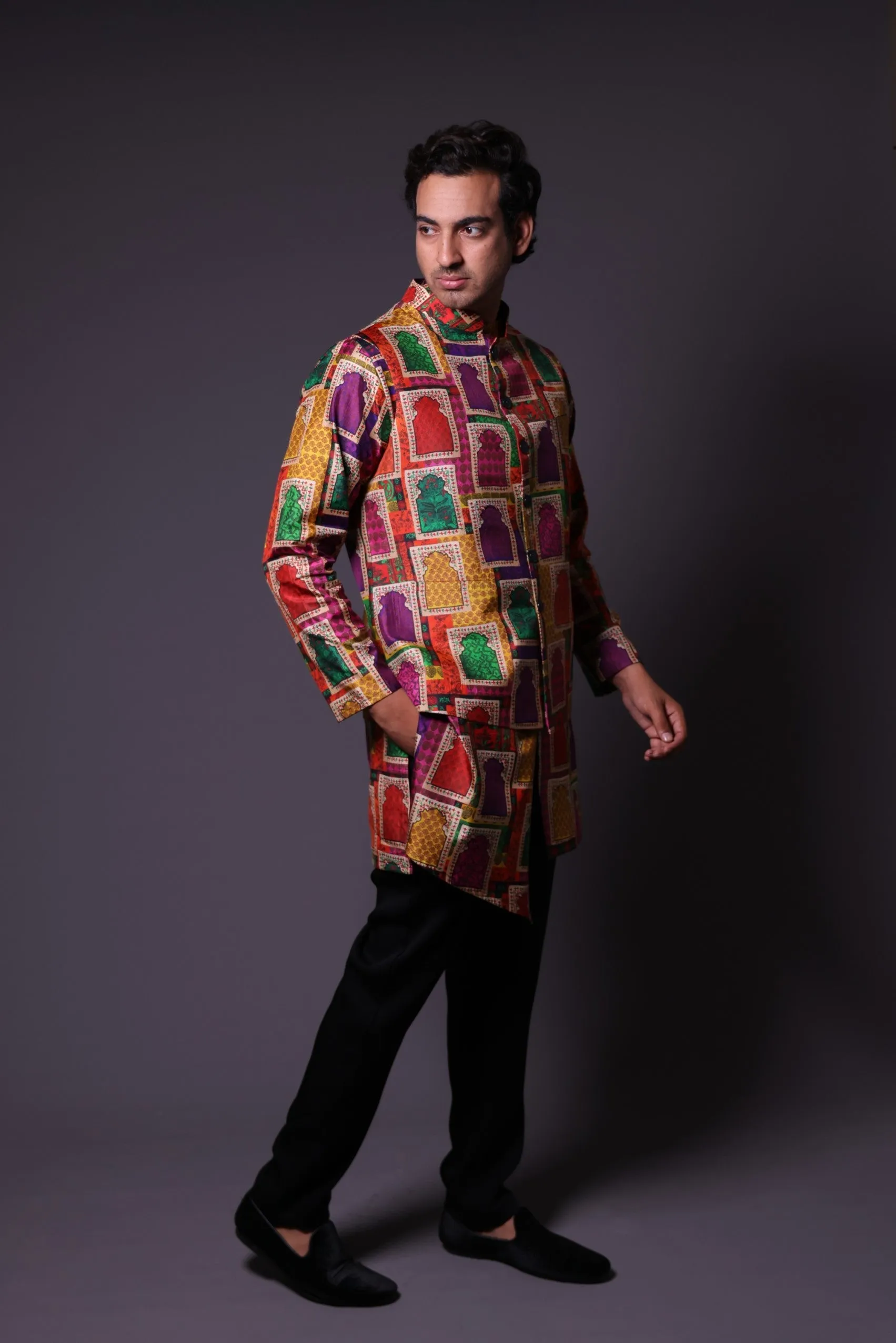 Nehru Jacket with asymmetrical
 kurta and pant
